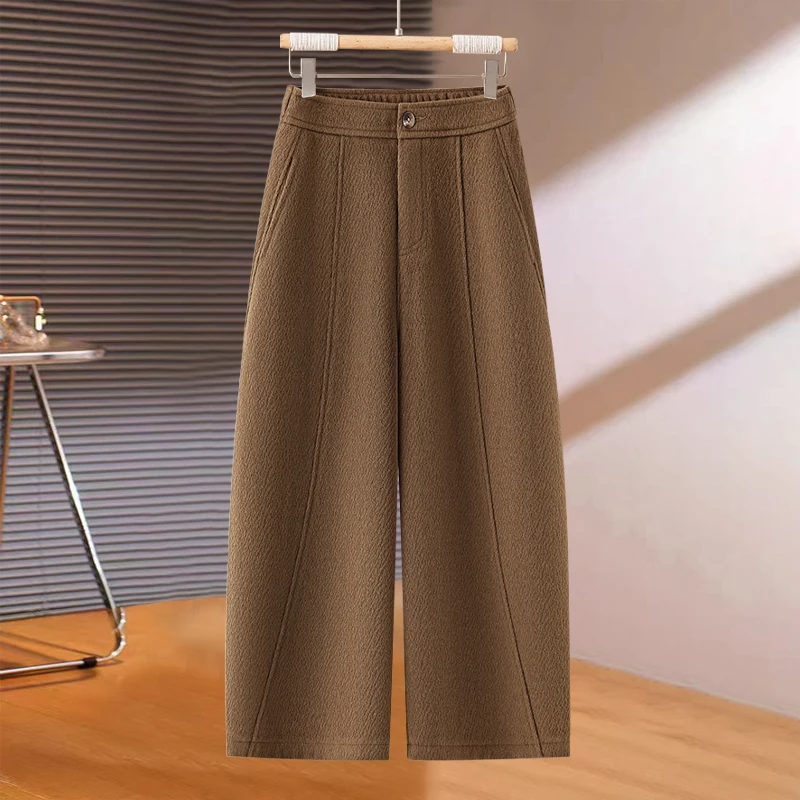 拉夏贝尔灰色加绒阔腿弯刀裤秋冬爆款八分哈伦裤小个子九分阔腿裤