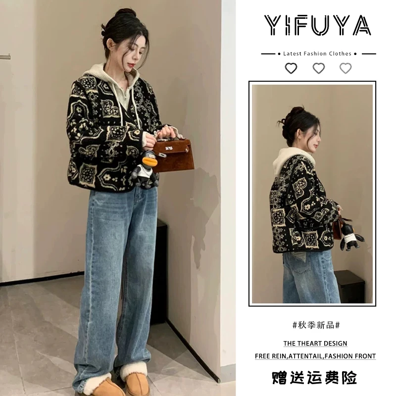 2025时尚新款秋冬复古印花V领外套女休闲开衫百搭短款上衣