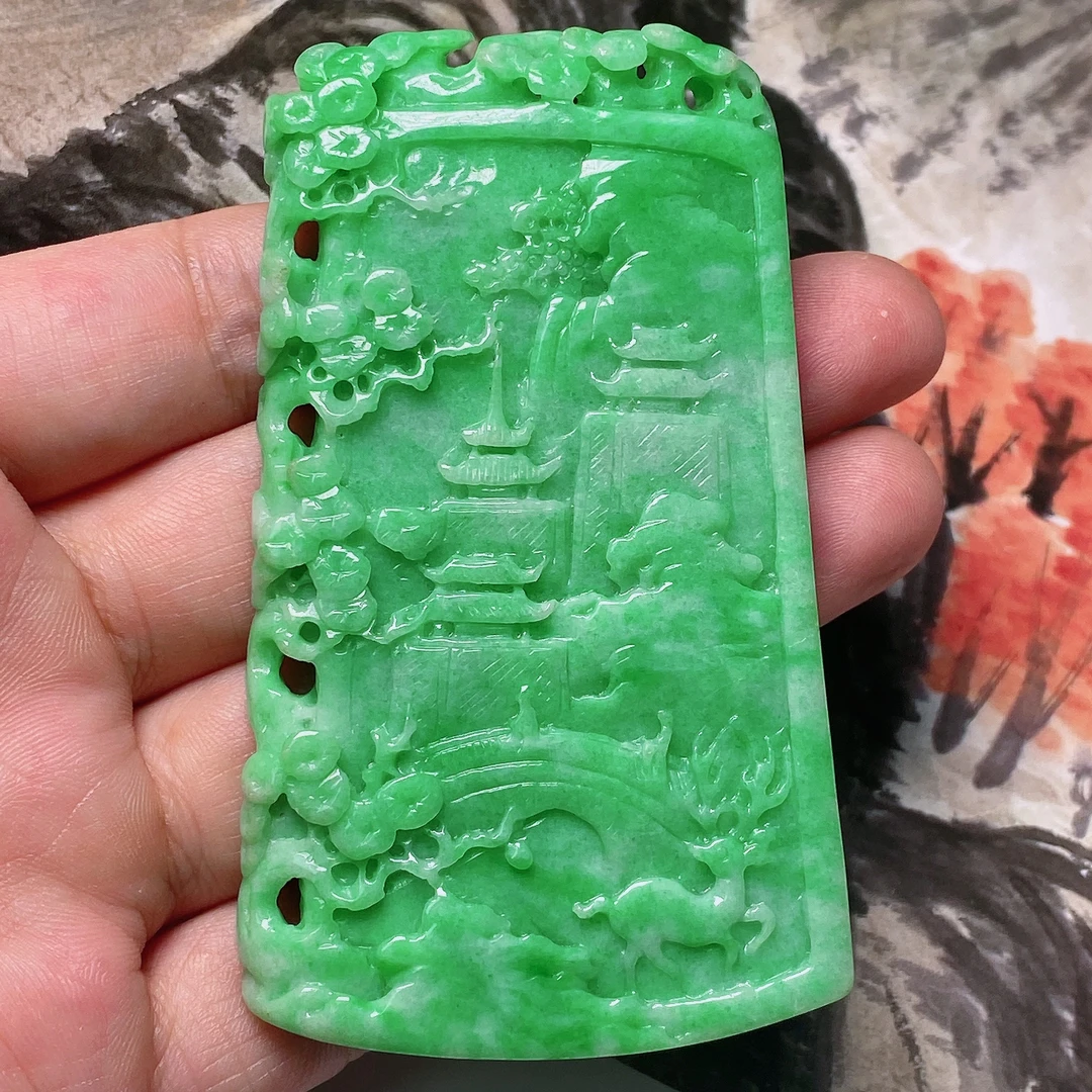 【晓荷】天然缅甸A货翡翠 满绿山水牌
