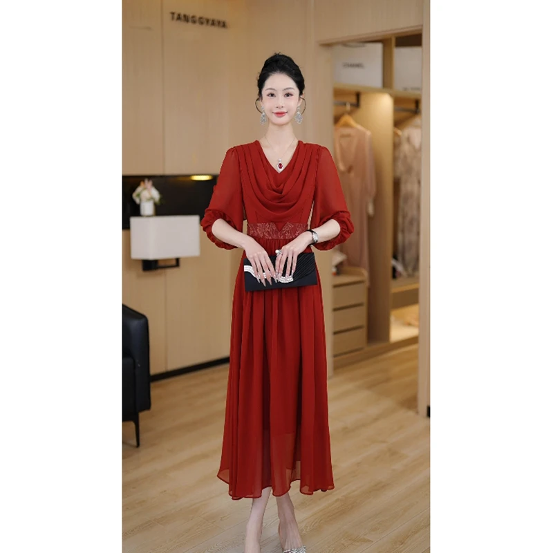 盛世芳华 2025年新款法式风收腰显瘦显高中长连衣裙女