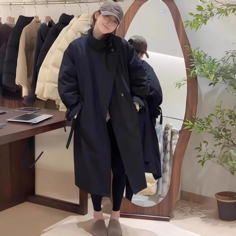 秋季新款时尚百搭翻领长款风衣女2025大码女装mm宽松显瘦棉服外套