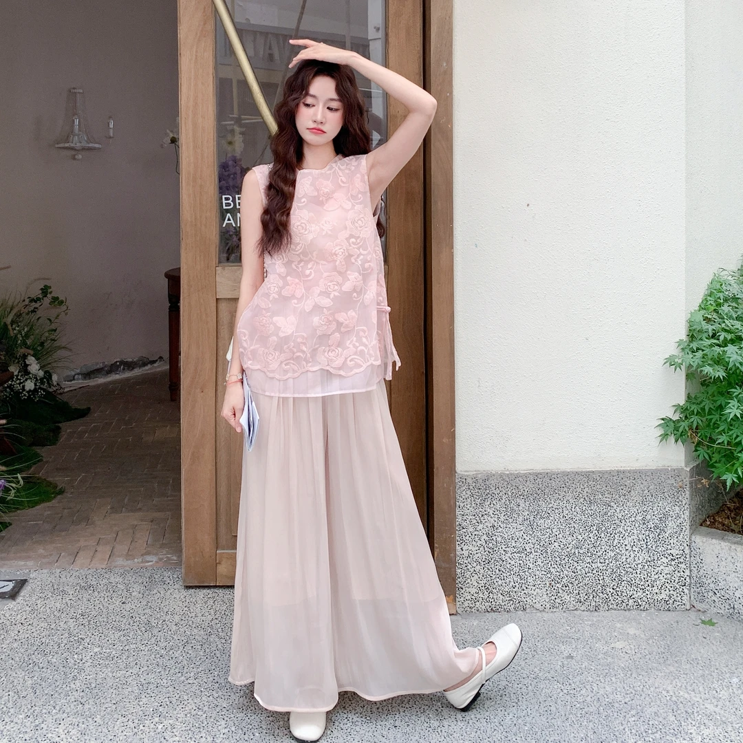 清纯系松弛感套装女新中式国风粉色网纱拼接提花背心阔腿裤两件套
