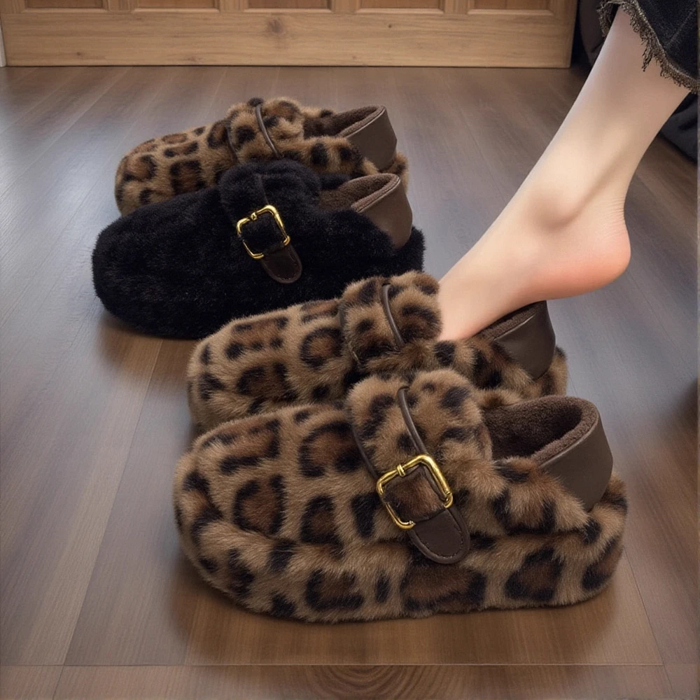 【水貂绒】豹纹毛毛鞋女冬季厚底加绒金属扣一脚蹬高级感懒人棉鞋