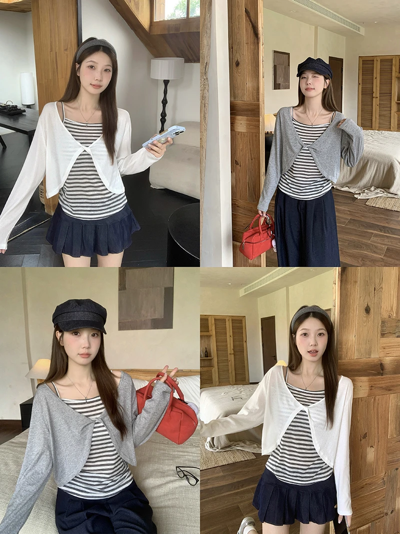 2025新款胖mm大码女时尚条纹吊带背心设计感长袖体恤套装22818