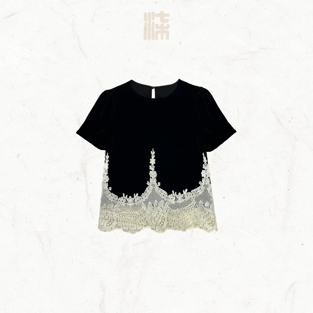 柒熹坊· 秋小姨推荐 高定法式桑蚕丝拼接花边上衣