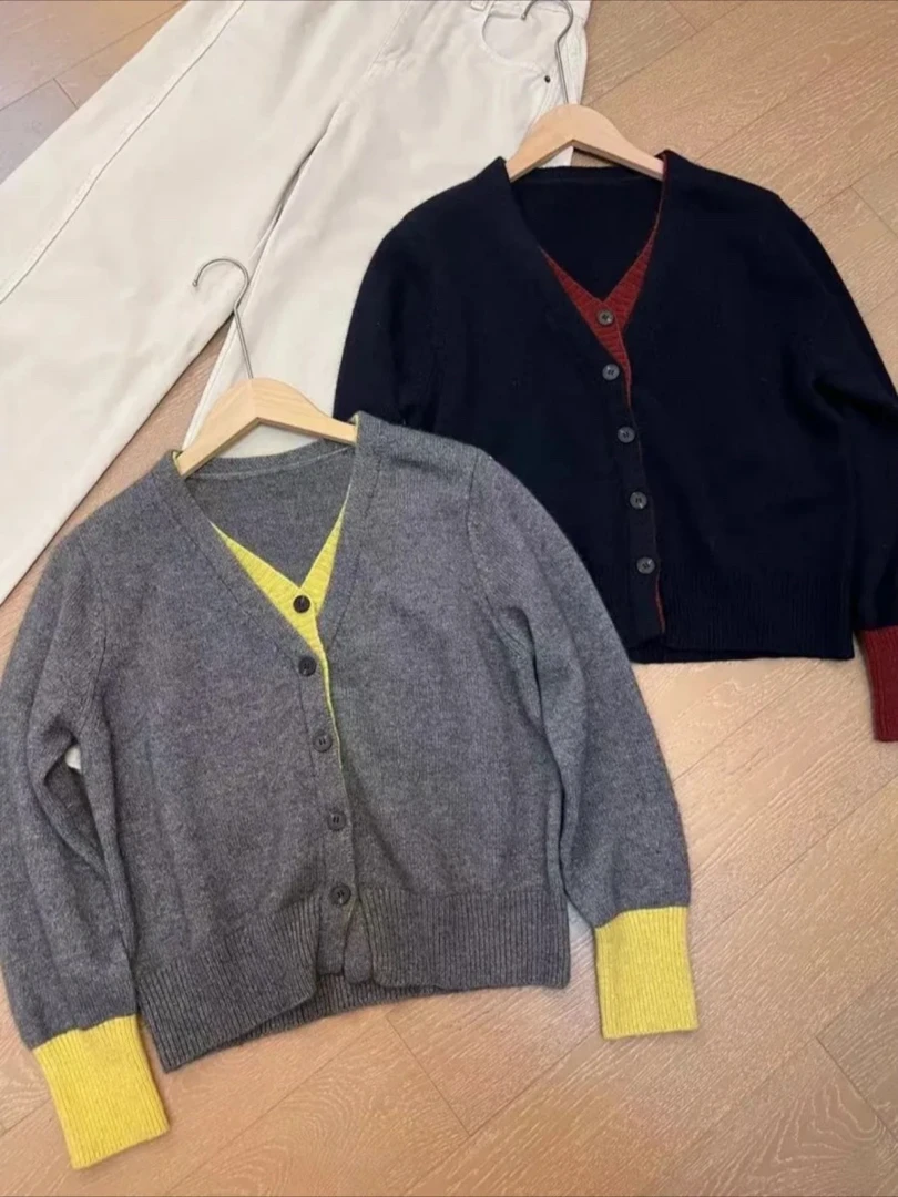 039 洋气减龄羊毛上衣外套女士早秋冬拼接撞色假两件内搭针织开衫