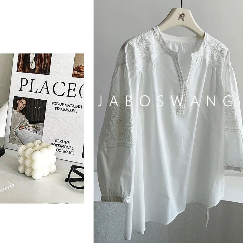 S908剪刀领刺绣白衬衫女刺绣泡泡袖早秋上衣潮小众气质百搭衬衣