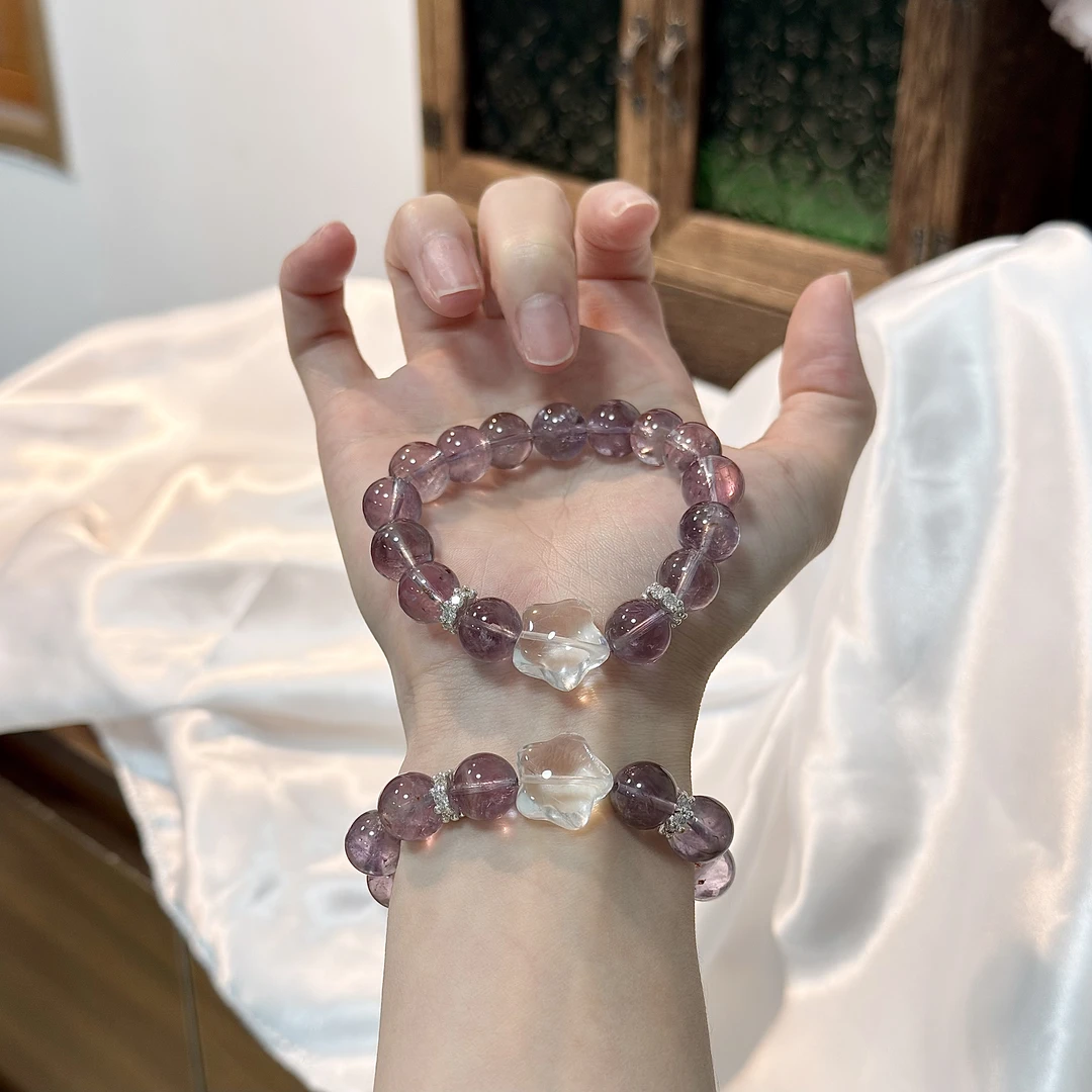 【晚星】10mm紫水晶＋白水晶星星雕刻件 手串原创设计天然水晶