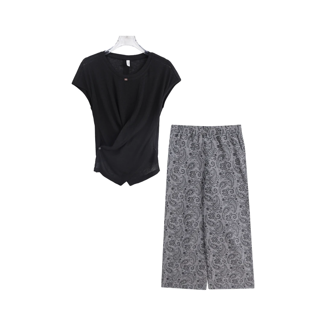 夏季时尚褶皱收腰短袖T恤印花阔腿休闲裤套装A14590