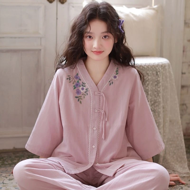2025年春秋季新款国风V领开衫睡衣甜美风七分袖家居服套装可外穿