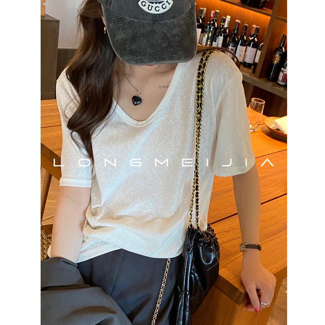 白色短袖t恤女装v领2025夏季新款宽松竹节棉麻半袖冰丝薄款小上衣