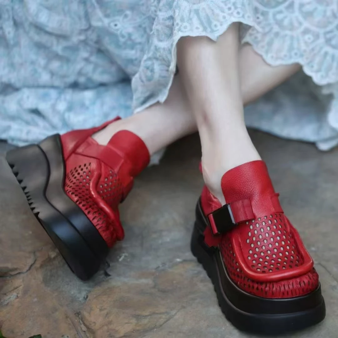 圆头罗马风格女鞋百搭单鞋高跟洞洞搭扣短靴夏季时尚松糕底复古