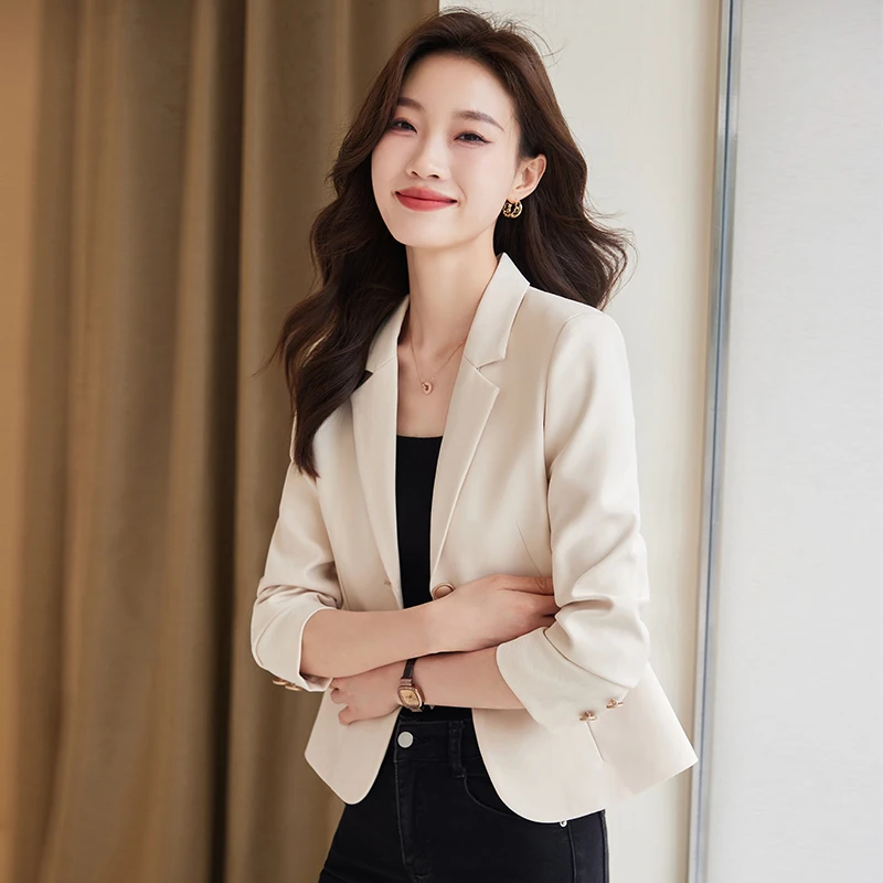 米白色小西装外套女春秋2025新款小个子休闲气质修身短款西服上衣