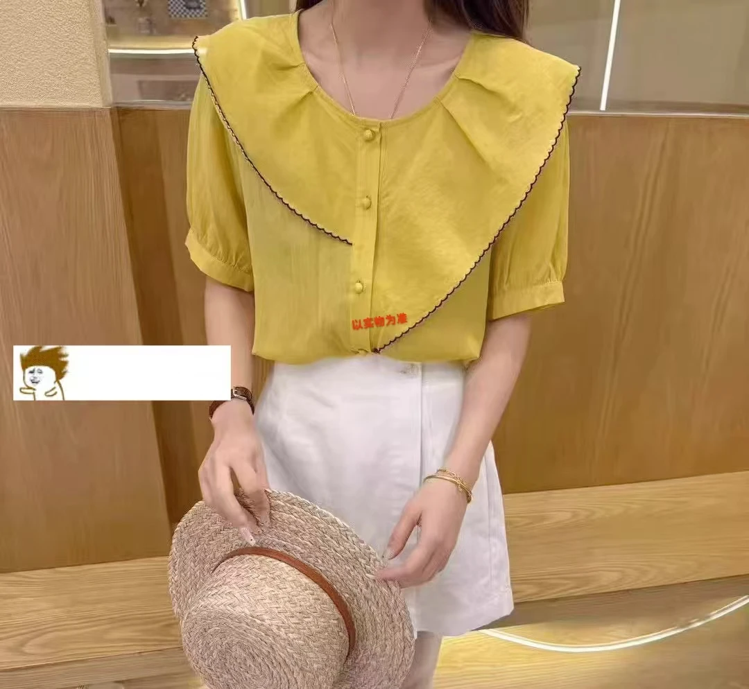 薄款夏季衬衫荷叶边娃娃领透气减龄甜美修身型时尚短袖小衫8785#
