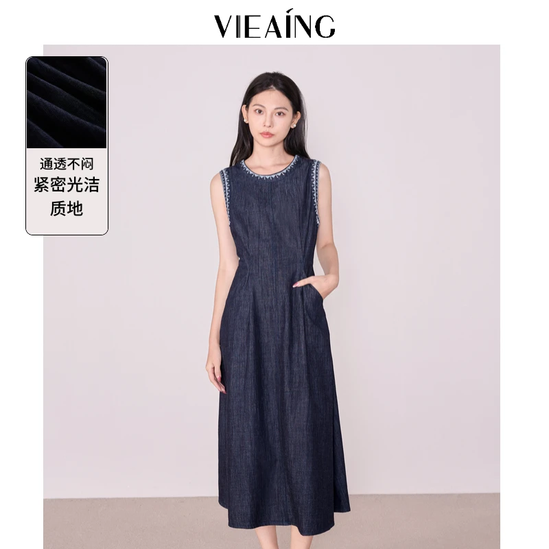 VIEA.ING薇迎2025夏季新款圆领十字绣牛仔无袖连衣裙BEDA