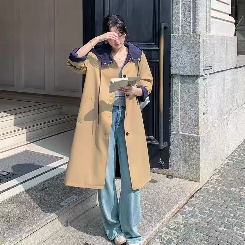 韩风假两件连帽少女秋季英伦风气质时尚中长款风衣