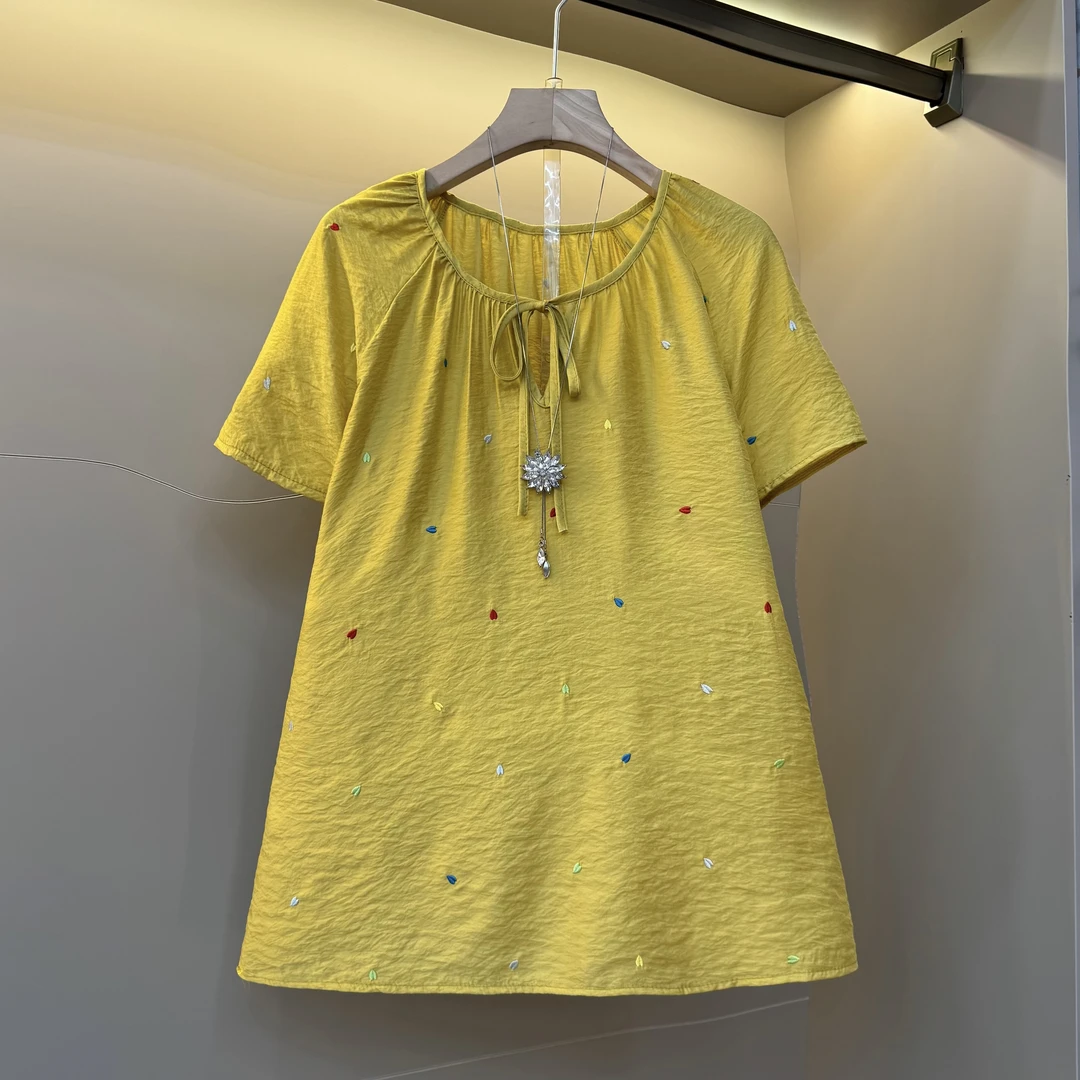 2025欧货韩系文艺范刺绣小彩心圆领系带宽松版大码显瘦上衣837