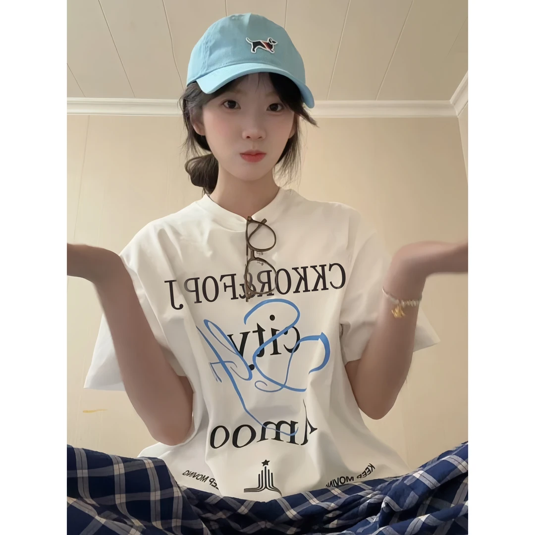 重磅纯棉创意印花短袖T恤女夏季百搭韩系时尚圆领半袖上衣潮