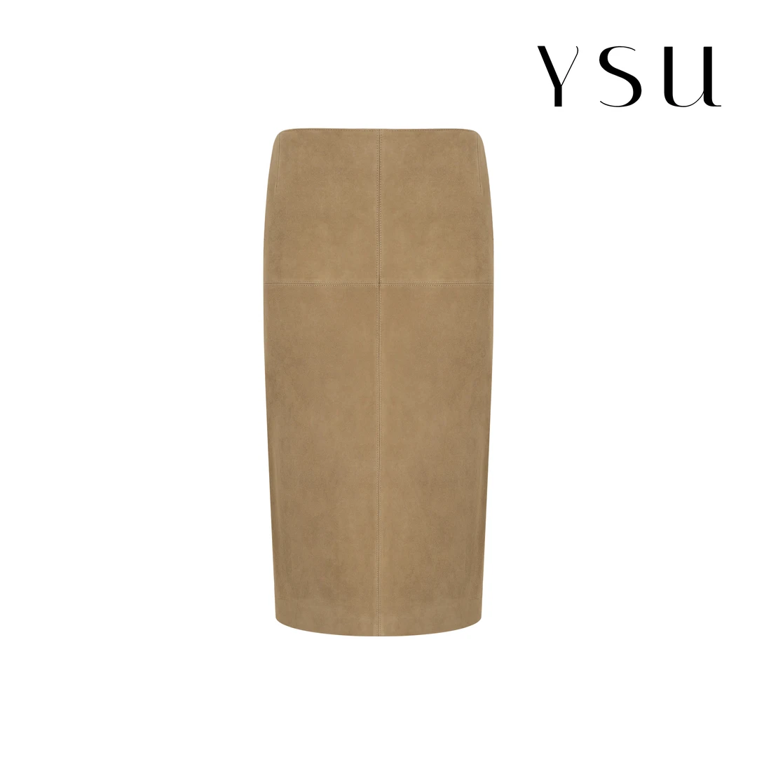 【余书】羊皮开叉简约百搭长款直筒半身裙Y304179