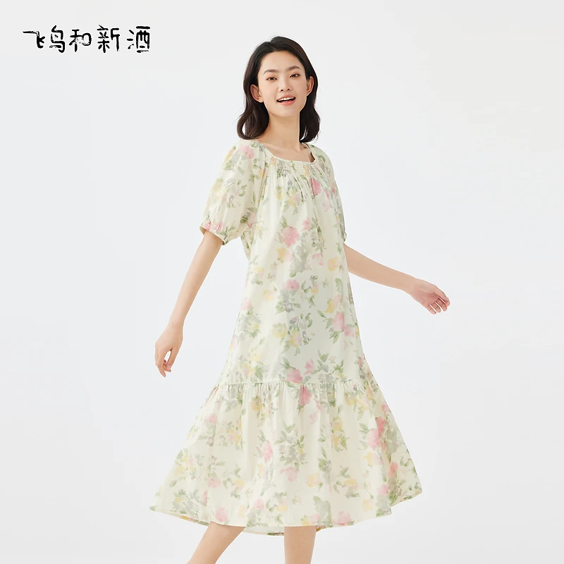 【大瑶】飞鸟和新酒方领连衣裙宽松大摆女裙FD430182120