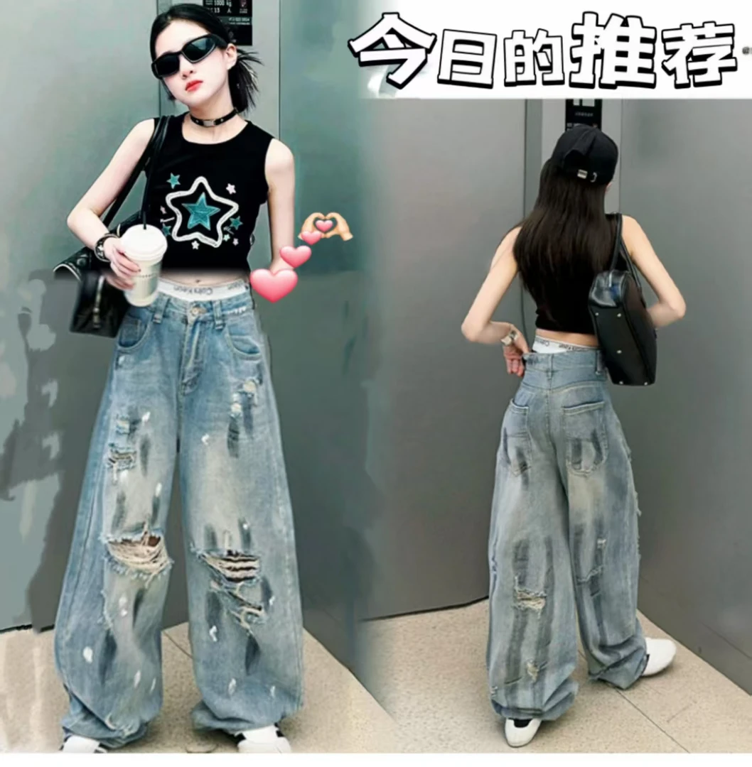 女童裤子2025新款中大童夏季薄款短袖泼墨牛仔裤嘻哈美式复古套装