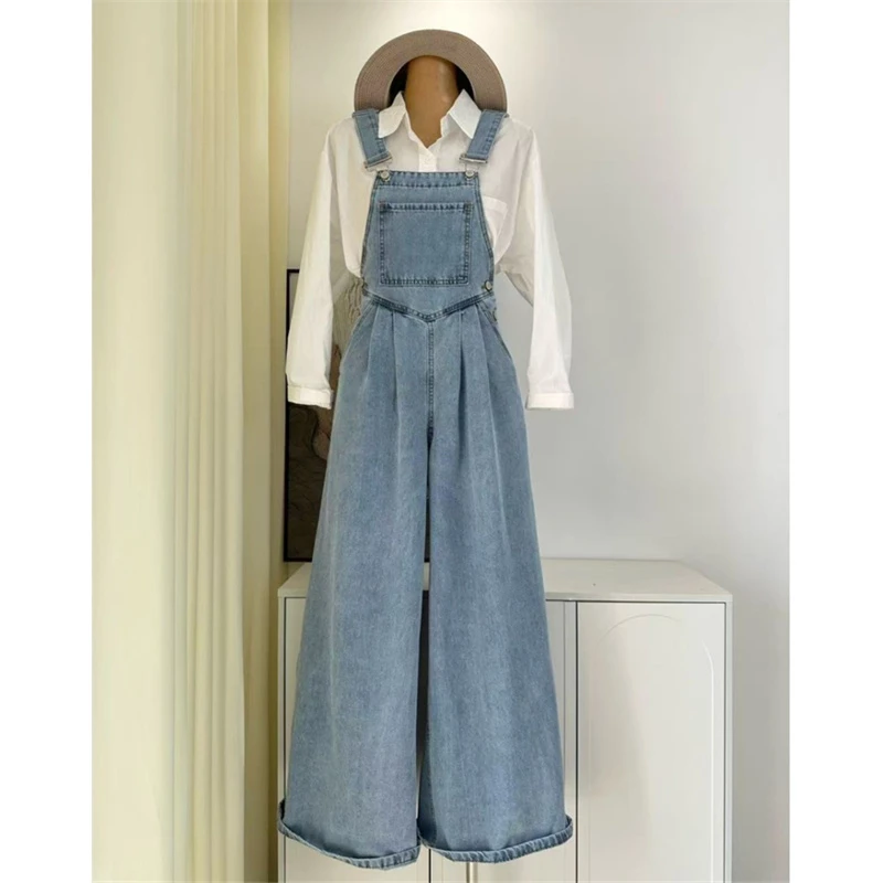 2025夏季新款复古美式慵懒减龄高腰浅蓝色牛仔阔腿裤背带裤长裤子