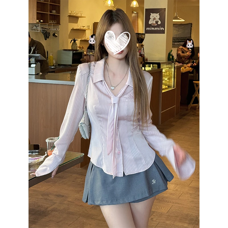 POLO领辣妹早春长袖衬衫收腰显瘦纯色上衣2211#