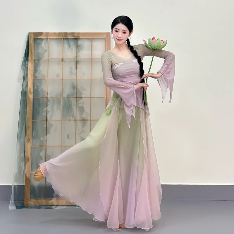 古典舞蹈新款演出服飘逸渐变仙气身韵纱衣中国演出练功服艺考服装