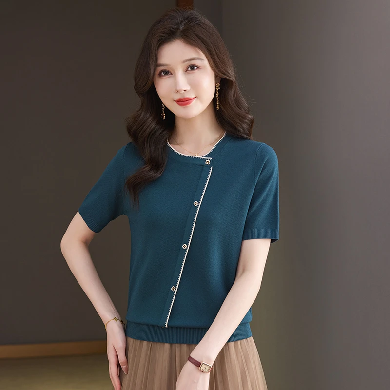 夏季新款中式夏季冰丝短袖女士宽松大码洋气时髦半袖T恤薄款上衣