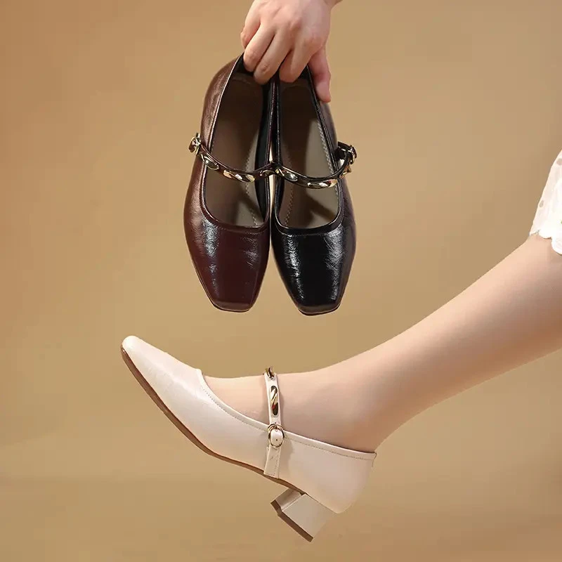 真皮浅口单鞋女2025秋季新款一字带粗跟时尚百搭羊皮玛丽珍小皮鞋