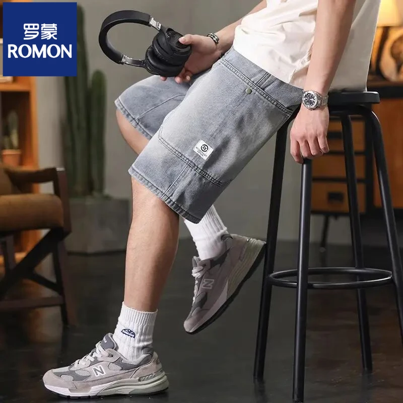 罗蒙夏季美式怀旧牛仔短裤男士新款潮牌宽松直筒五分工装男士中裤