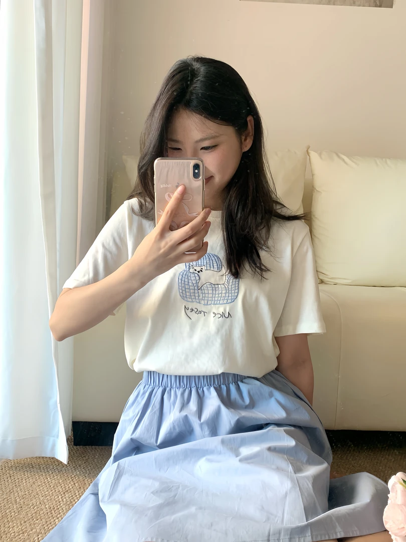 韩版2025夏季韩国东大门纯棉卡通短袖＋全松紧腰纯色半裙