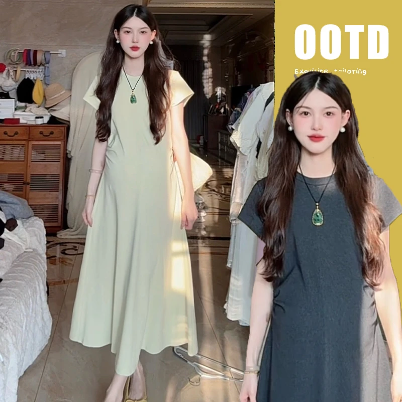 孕妇夏装韩版显瘦短袖连衣裙2025新款宽松孕妇裙夏季简约怀孕长裙