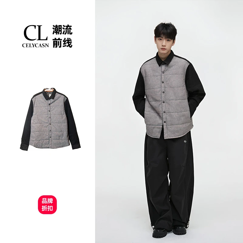 F4VB70525#男款秋冬拼接潮流保暖衬衫夹棉外套
