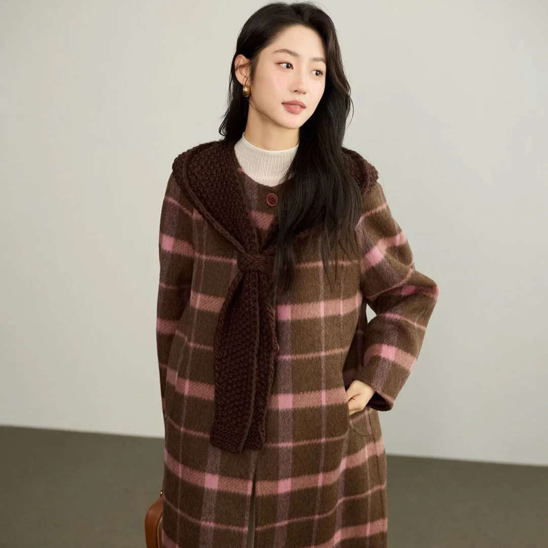 【源头工厂店】韩系时尚格子双面羊毛长款大衣女秋冬新款