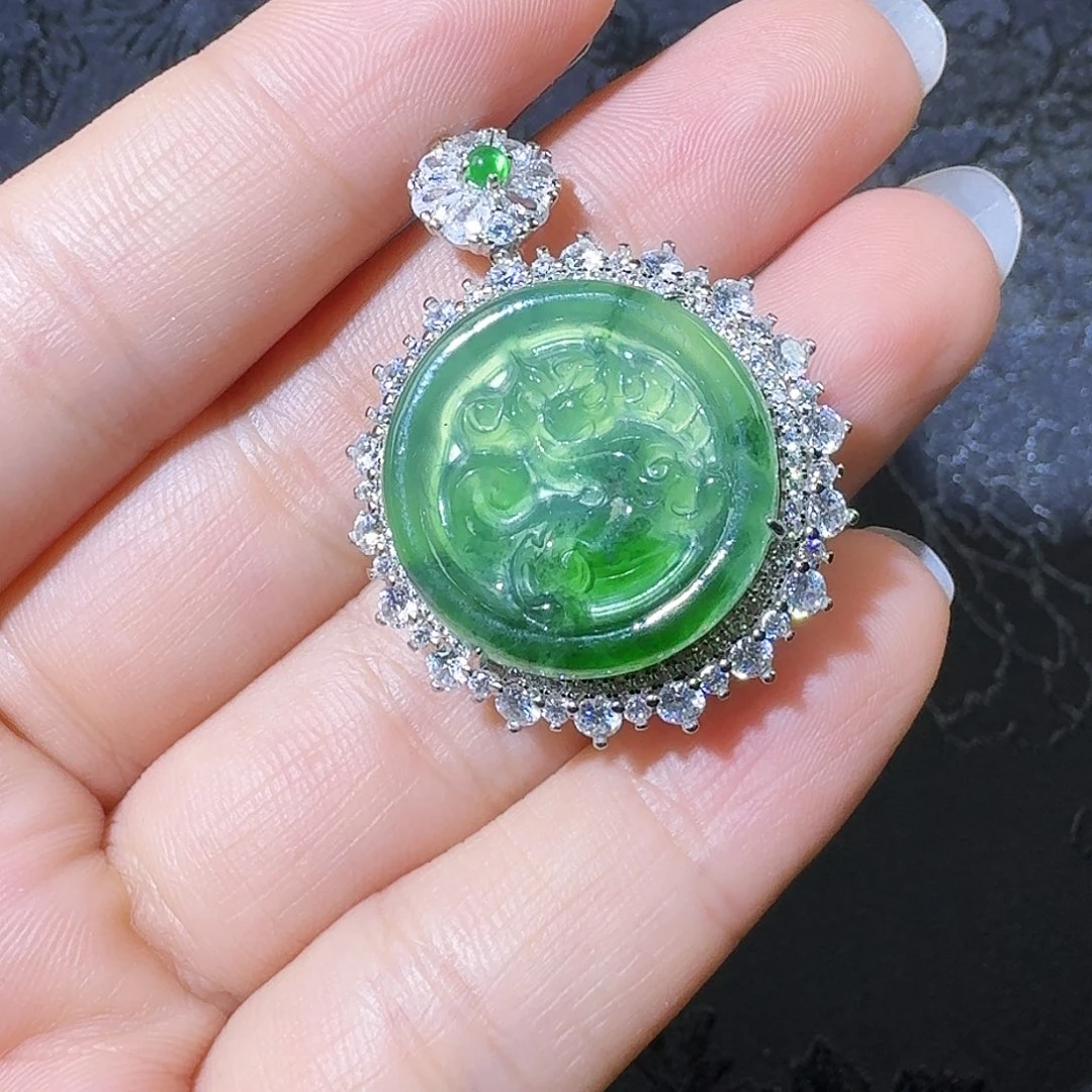 翡翠吊坠(不含链)银S925镶嵌麒麟