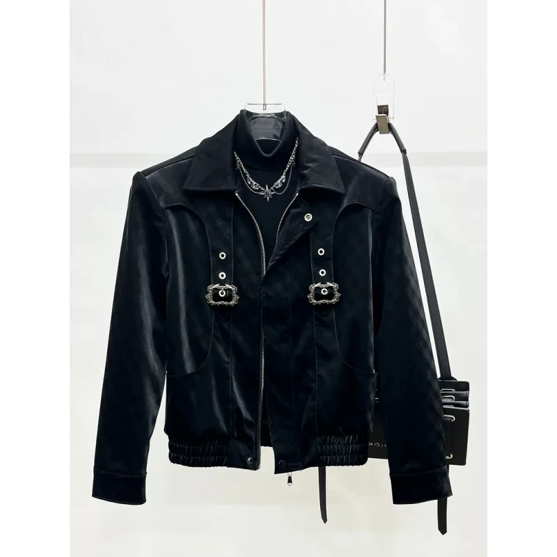 高级感棋盘格垫肩短款外套男秋季韩版痞帅炸街机车皮衣夹克上衣潮