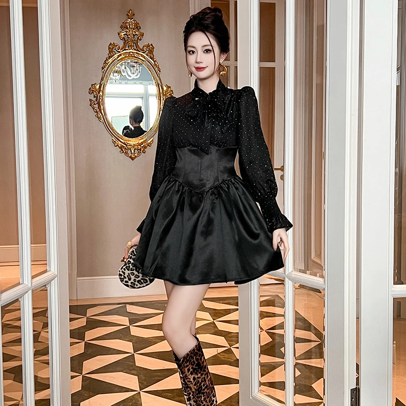 时尚优雅洋气收腰短款长袖打底气质显瘦名媛修身连衣裙40631