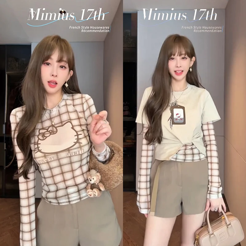 【mimius】U 设计感修身格纹长袖+扭结短袖 G08105