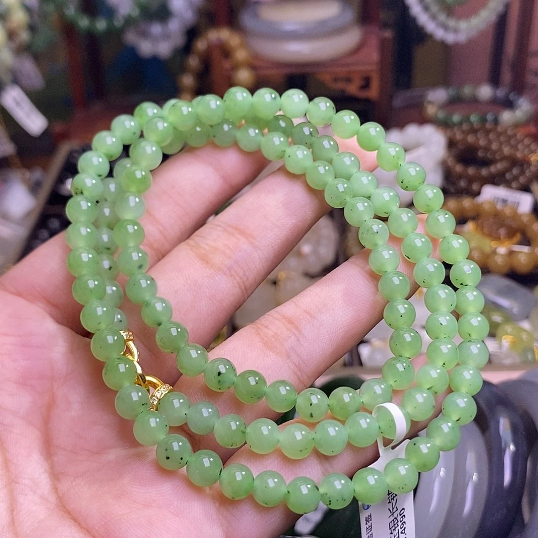 和田玉未镶嵌颈饰碧玉果绿乌兰海珠串6mm