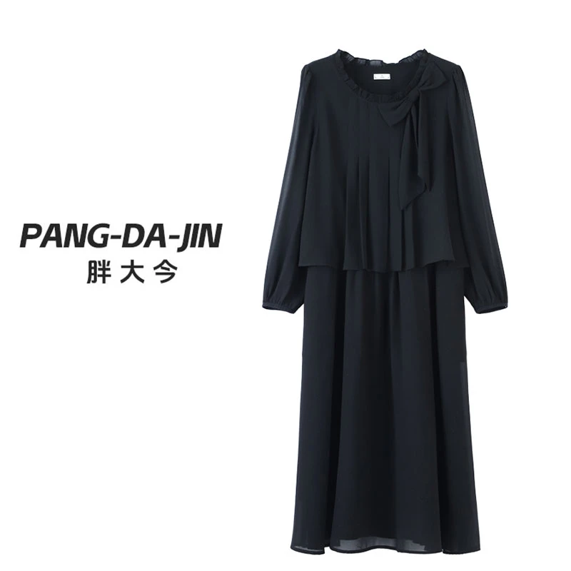 胖大今大码定制秋季新款蝴蝶结设计宽松假两件中长款连衣裙ZB7678