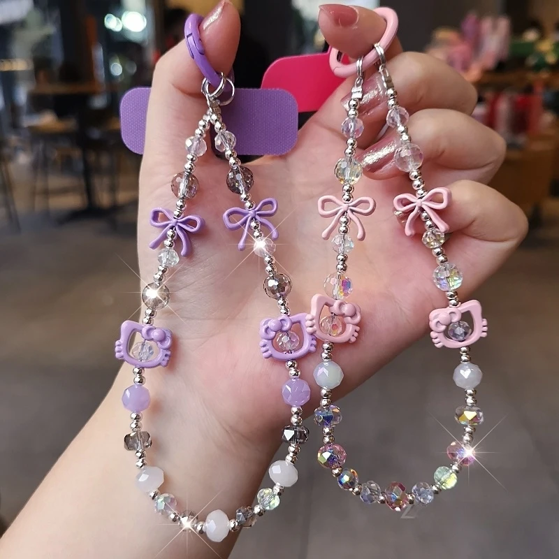 时尚蝴蝶结卡通猫咪手机链女款小清新水晶串珠手提链挂件手机挂绳