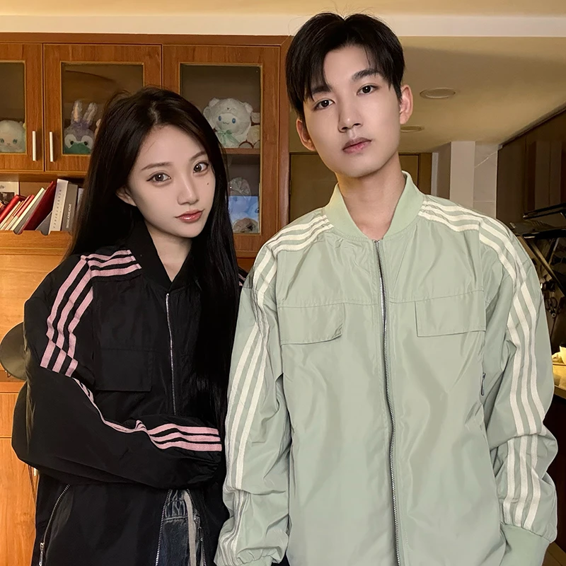 潮流三杠条纹外套男休闲百搭情侣夹克韩版宽松设计感长袖上衣爆款