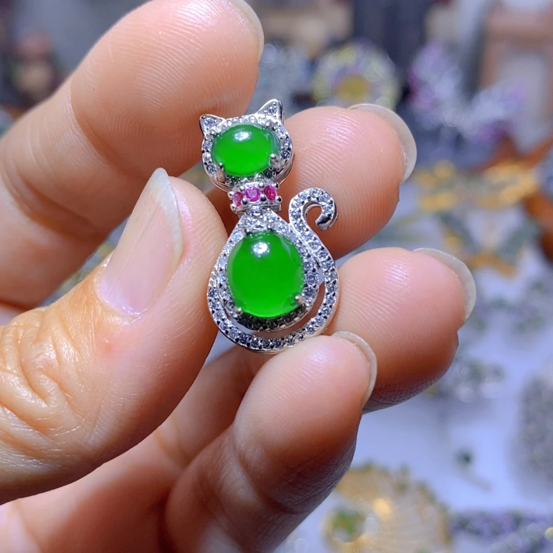 翡翠耳钉银S925镶嵌天然翡翠