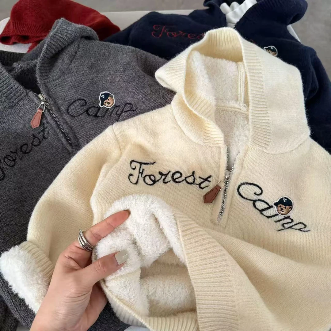 【不起球】2025儿童加绒毛衣连帽男童冬季套头针织衫加绒加厚