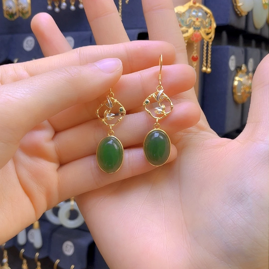 和田玉耳饰银S925镀金镶嵌