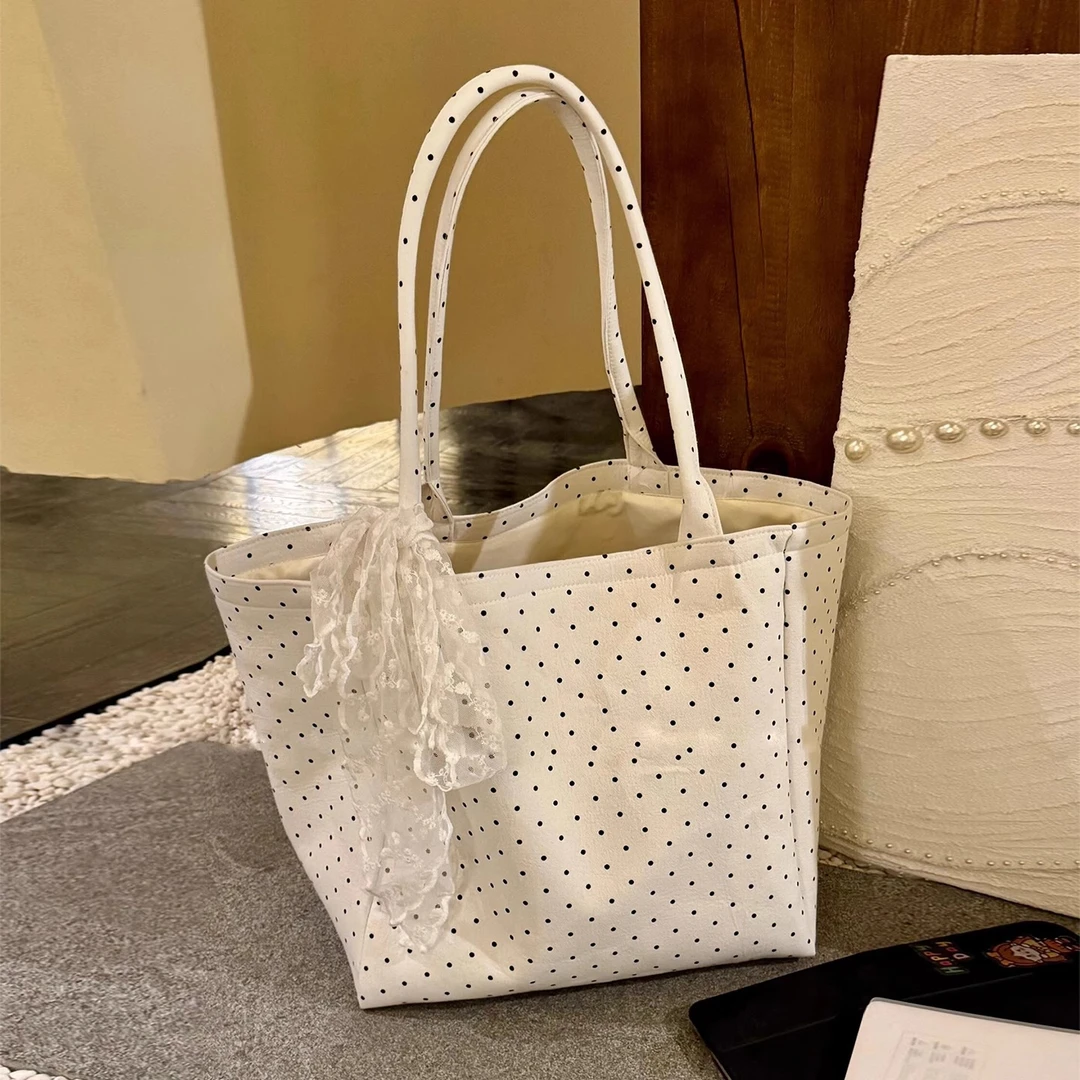 韩系ins白色波点单肩帆布包大容量通勤托特包慵懒风小众手提包女