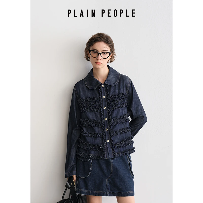 PLAIN PEOPLE复古木耳边牛仔夹克短外套长袖靛蓝上衣2025春季新品