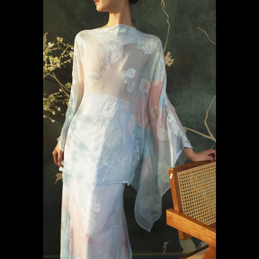 【青瓷蓝·烟雨】XM轻奢法式飘逸大袖薄款仙气渐变浪漫宽松女士上衣