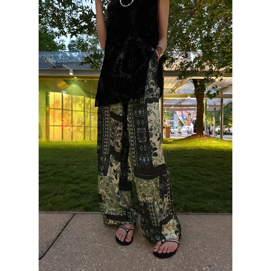 【YANG】夏季新款复古超薄腰果花印花阔腿裤休闲长裤YY-513